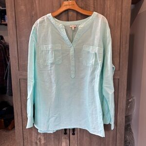 Talbots Woman 2X Linen Blend Popover top Henley Long Roll Tab Sleeves Teal Green